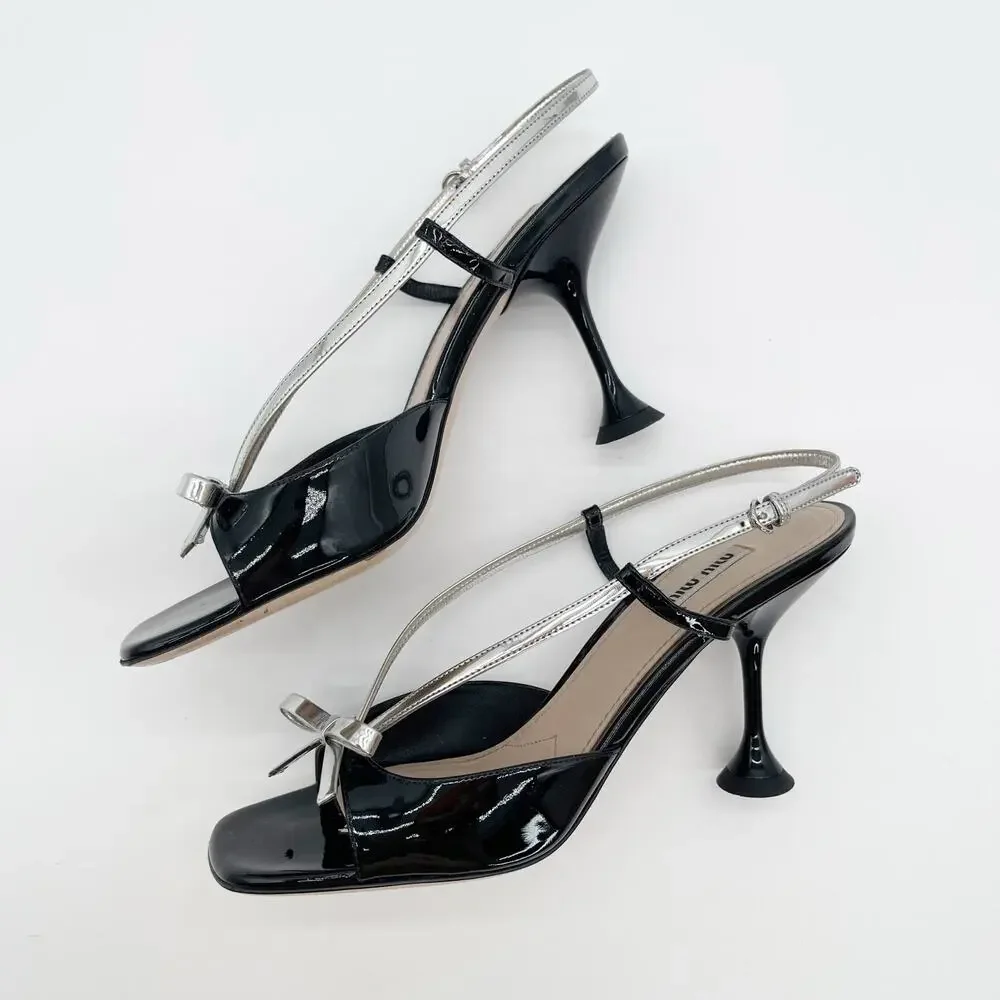 Miu Miu Black Patent Leather Silver Bow Slingback Heeled Sandal Heels IT 40